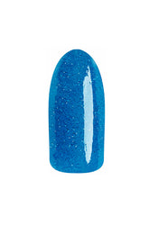 Deep blue glitter swatched onto artificial nail showing EzFlow TruGEL Circus Life gel polish's finish